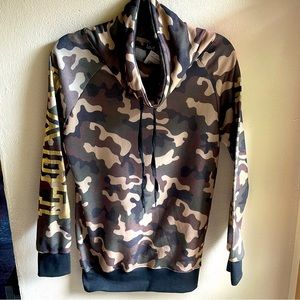 Camouflage Cowl Neck Drawstring Sweatshirt.  Gold LOVE Spell-out on Sleeve. M